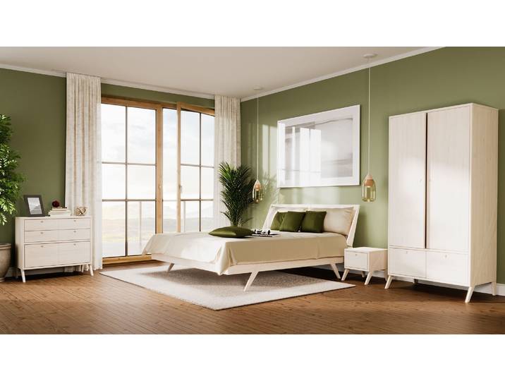 Naturwohnen Schlafzimmer Set aus Massivholz Naturweiß Vireo 1 Bett 2 Nachttische 1 Kommode 1 Kleiderschrank mit bioola® colour veredelt