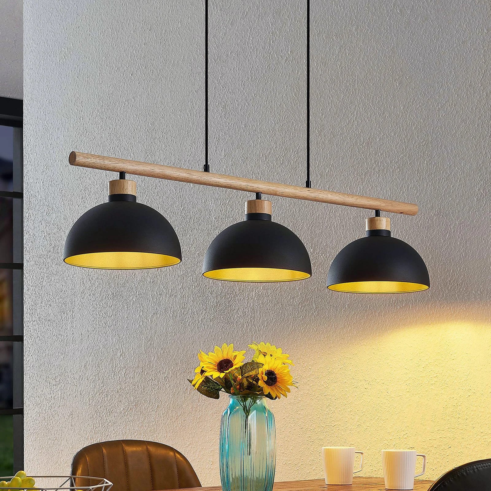 Lindby Tirzana 3 Hanglamp - Zwart/Hout - Dimbaar - Industrieel Design