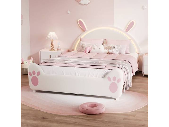 Lit enfant 140x200cm lit fille 140x200 Sommier à Lattes Tête de lit lapin avec LED chambre fille lit double velours blanc