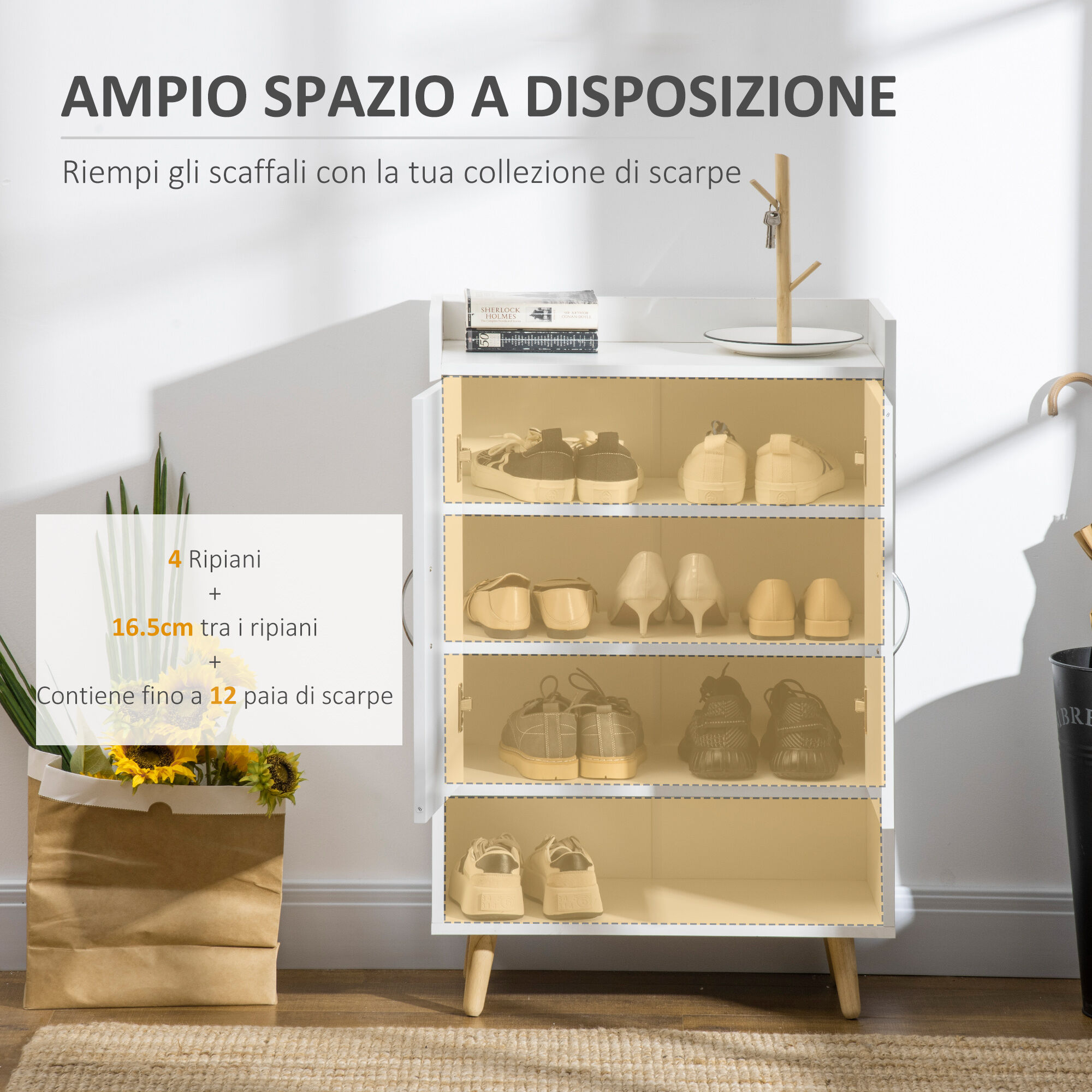Altro Mobile Scarpiera Salvaspazio In Legno Bianco Con Ripiano Aperto, Armadio Scarpiera Di Design Per Ingresso, 60x30x92cm