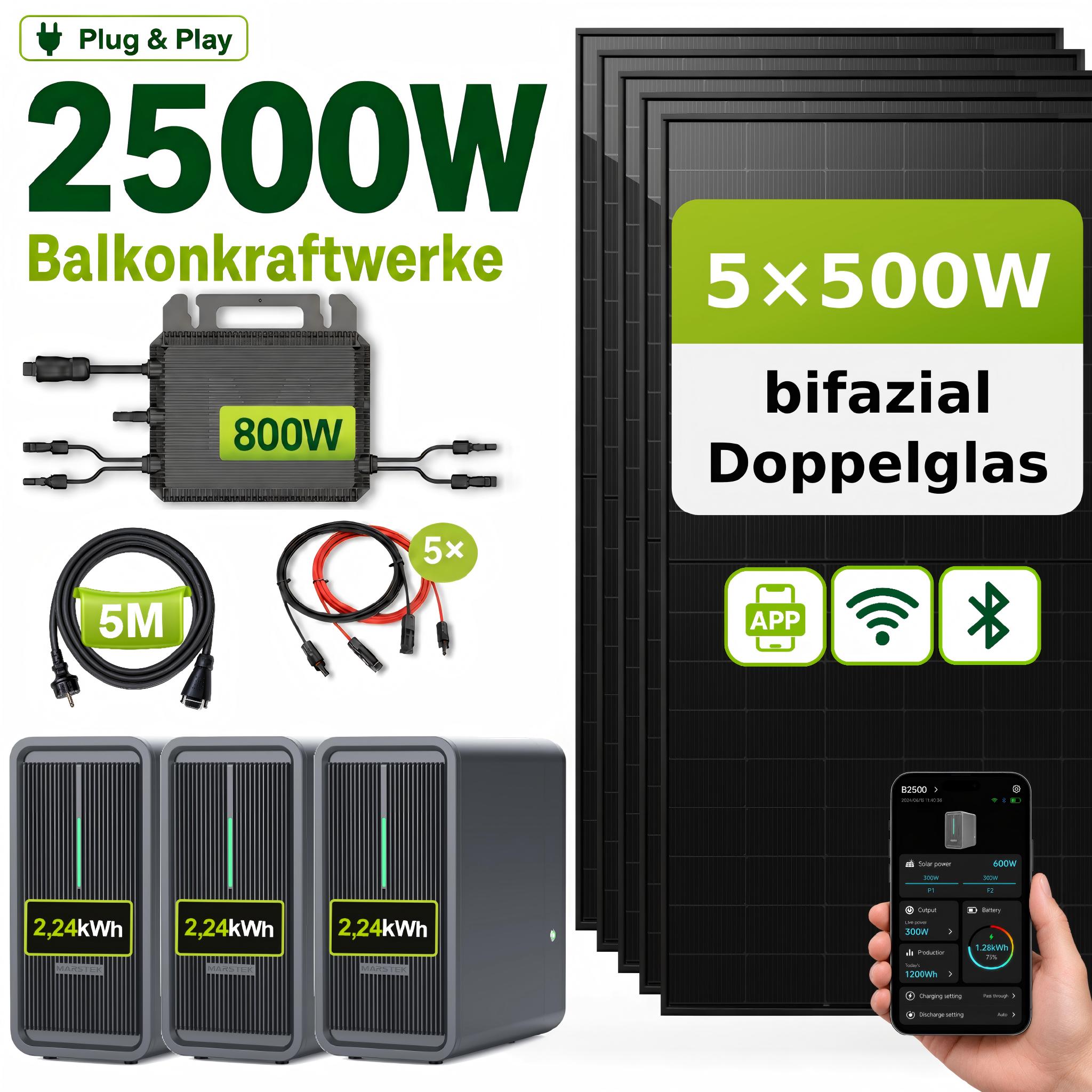 2500 Watt Balkonkraftwerk mit Speicher Marstek B2500-D 6,72 kWh, 5x500Wp bifaziale Solarmodule Solarpanel PV Solaranlage Solarspeicher