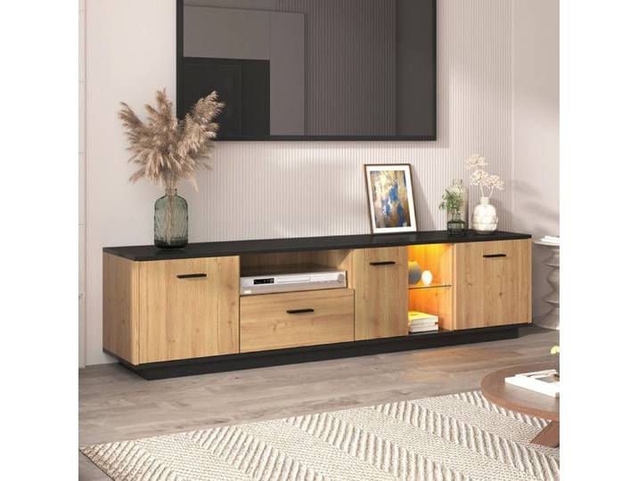 Meuble TV - 180 cm - Éclairage LED 16 couleurs - Rangement optimisé - Design industriel noir et bois