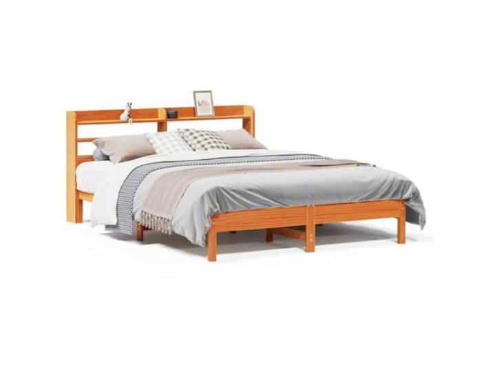 PUGYNBK Bett ohne Matratze, Massivholz, Kiefer, Braun, Wachs, 150 x 200 cm Kopfteil mit 3 Böden, Lattenrost inklusive, robust und langlebig