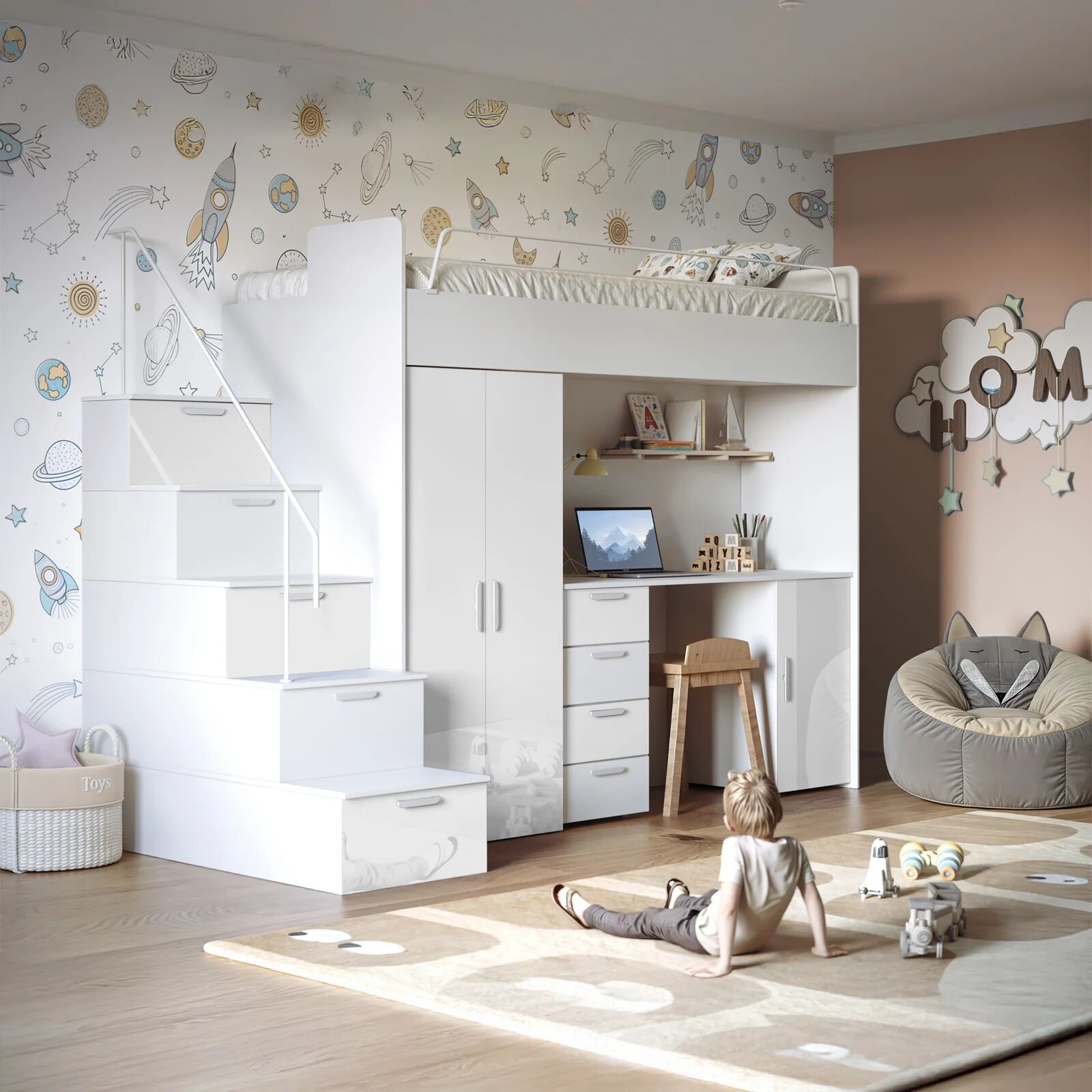 garneroarredamenti Cameretta 254x120cm 1 letto soppalco bianco lucido Simone Gihome®