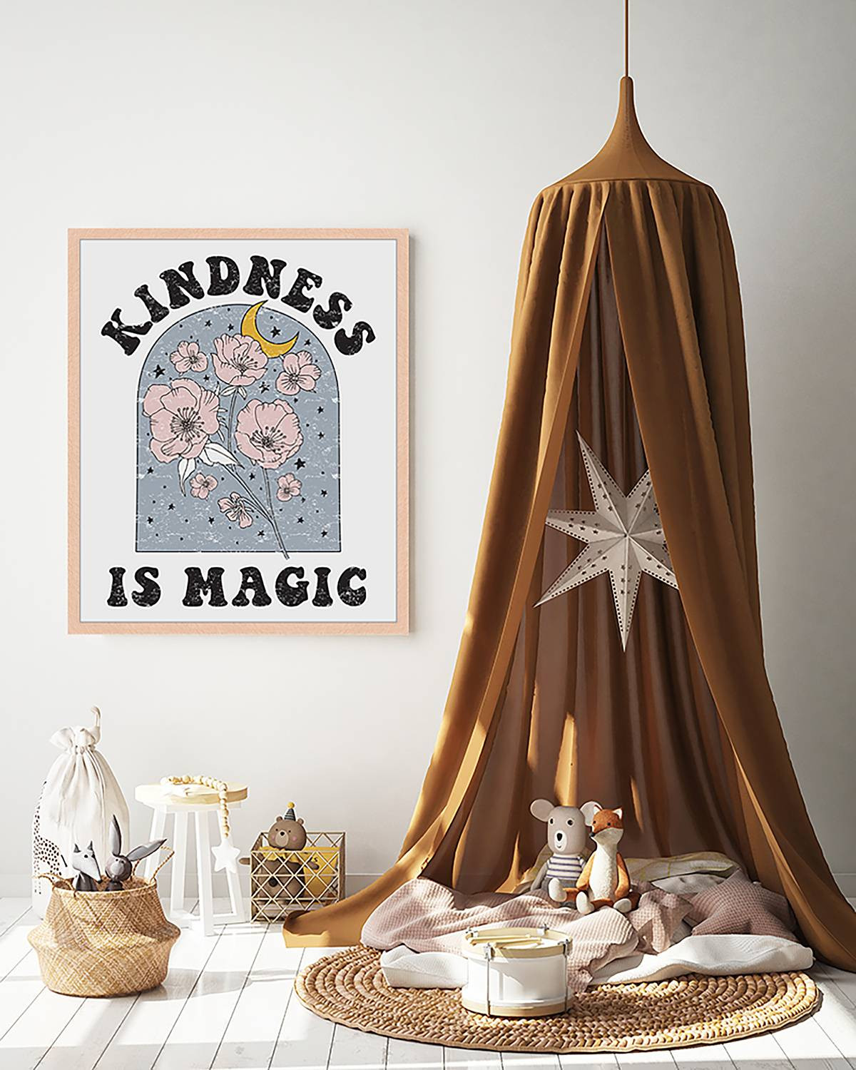 home24 Kindness wanddecoratie met typografie en bloemenmotief, Meerdere kleuren, 53 x 63 cm