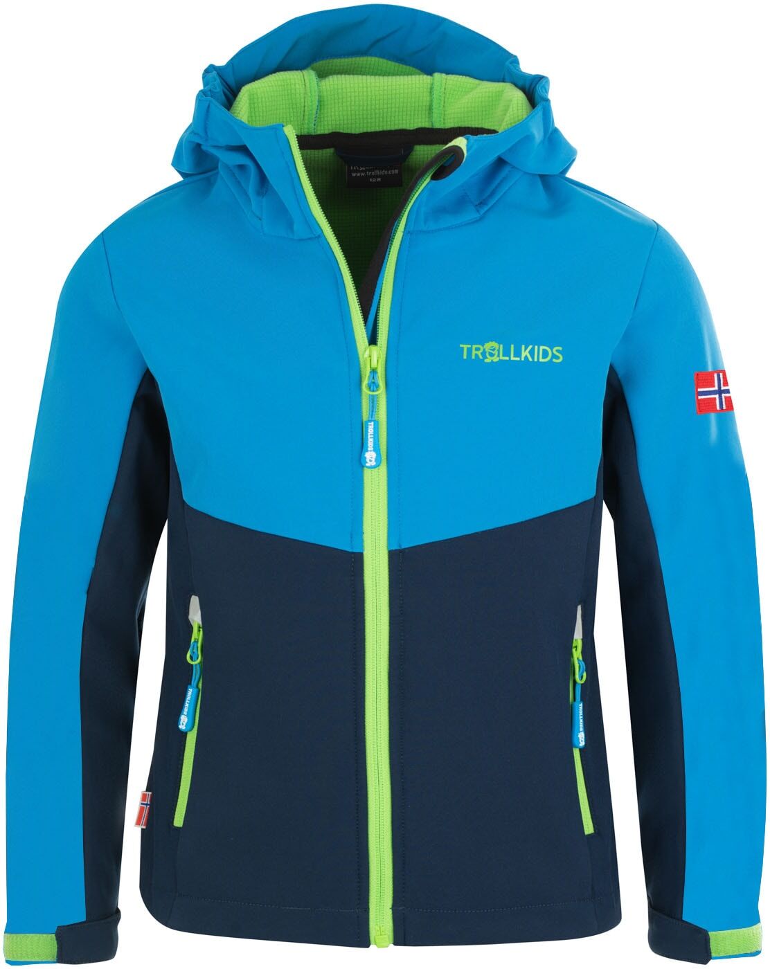 Softshelljacke TROLLKIDS "KIDS KRISTIANSAND JACKET", Kinder, Gr. 164, grün (navy, medium blau, grün), Softshell, Obermaterial: 94% Polyamid, 6% Elasthan, Jacken Softshelljacke, für Kinder und Jugendliche geeignet, Langarm-Ausführung
