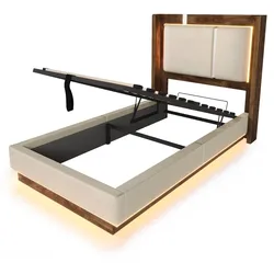 MODFU Polsterbett aus Holz und Leinen, Beige/Walnuss, 90x200 cm, LED und Stauraum