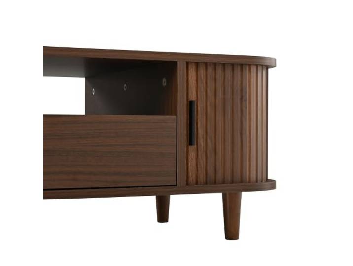 Couchtisch 100x50x35cm mit Schublade & Rollläden, MDF MDF, Walnussholzfarbe, 100x50x35cm, Schublade, Rollläden, 4 offene Fächer, abgerundete Kanten, Saugroboter-frei, Innenbereich