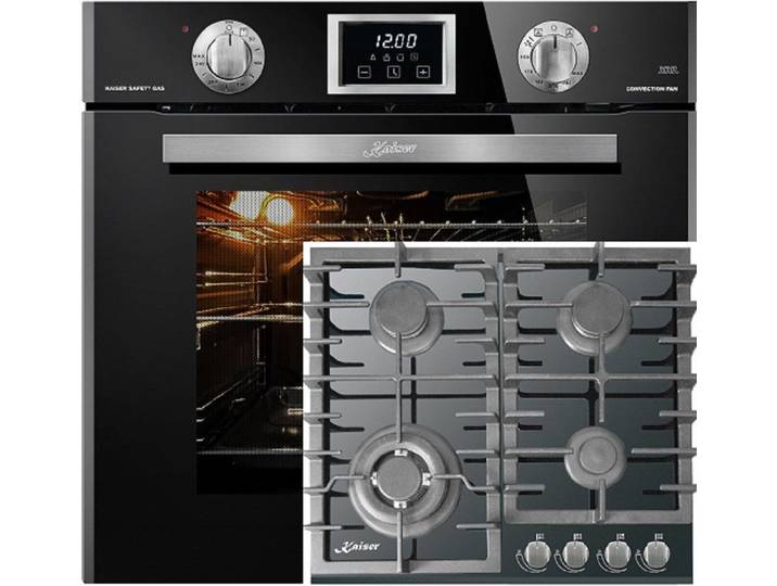 Kaiser Küchengeräte Backofen-Set Herd Set Autark Einbau Gasbackofen Autark, 79L,60 cm +Gaskochfeld 60cm, Schwarz Glas, Einbau Herd EG 6374 SP+KCG 6383., mit 1-fach-Teleskopauszug