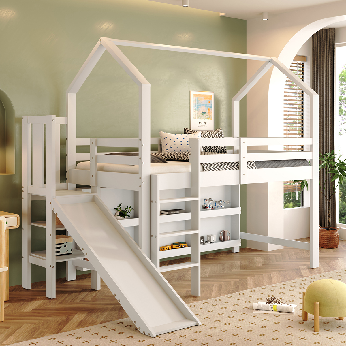 Hausbett Mit Rutsche & Treppen & Schließfach & Regal Ohne Matratze Kinderbett Einzelbett Massivholz+MDF 90*200cm Weiß