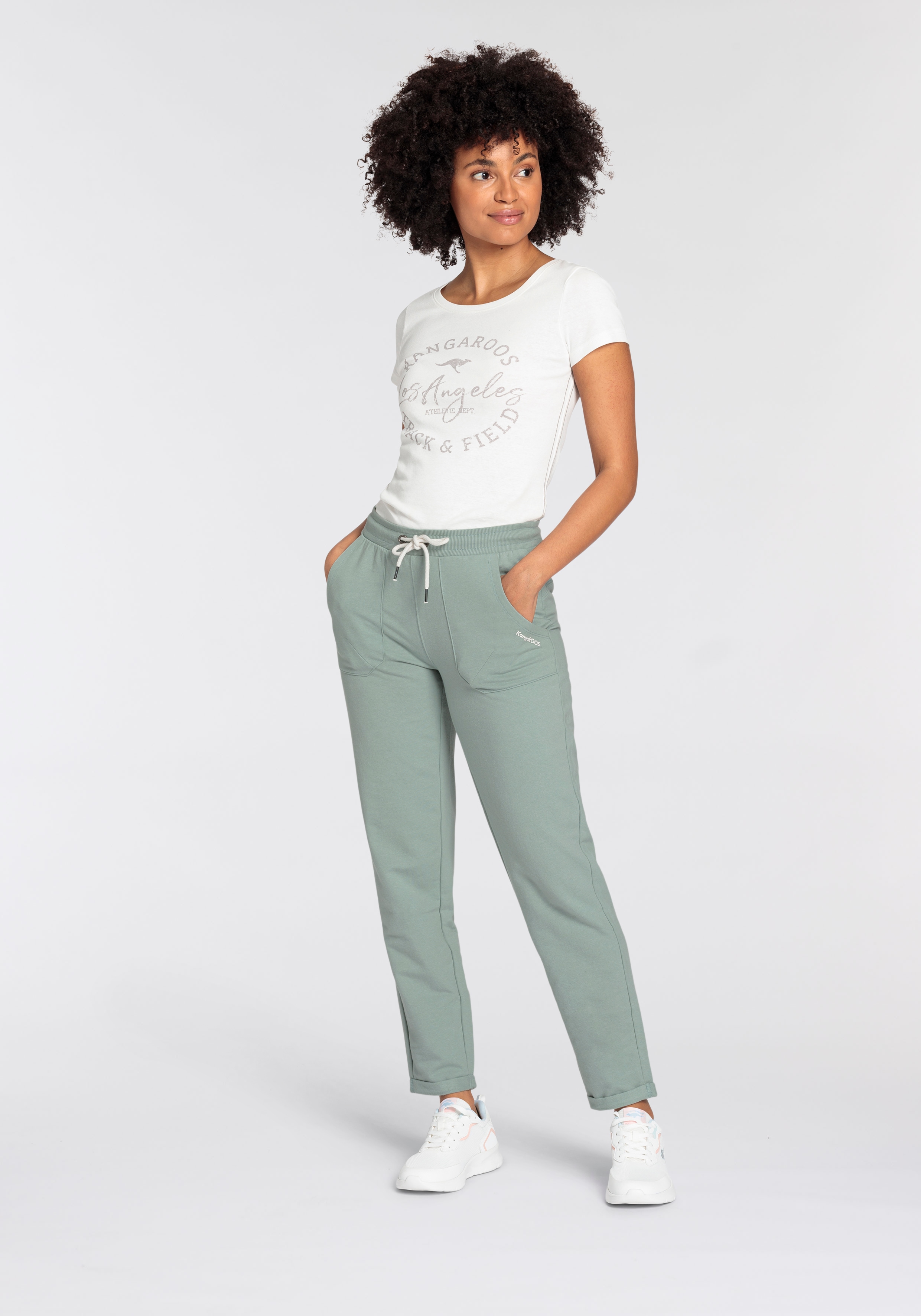 Jogginghose KANGAROOS, Damen, Gr. 50, N-Gr, grün (khaki, gau), Sweatware, Obermaterial: 95% Baumwolle, 5% Elasthan, bedruckt, unifarben, bequem knöchellang, Hosen Jogginghose, mit grossen Taschen khaki, gau 50, N-Gr