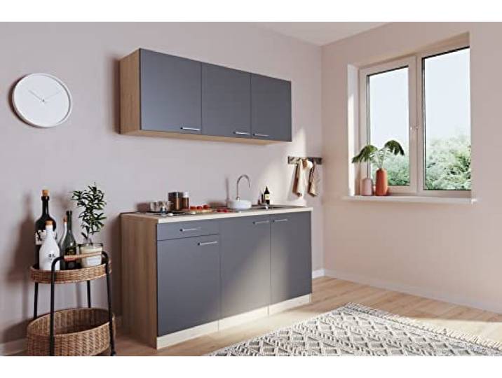 respekta Singleküche Luis 150 cm ohne Kühlschrank Korpus und Arbeitsplatte Eiche sägerau Fronten Grau