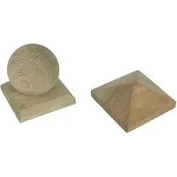 Zaunkappen Holz – 9 x 9 cm, Kiefer, grün druckimprägniert, Pyramide & Kugel, mit Steckdübel, Schutz & Zierde für Holzpfosten im Garten