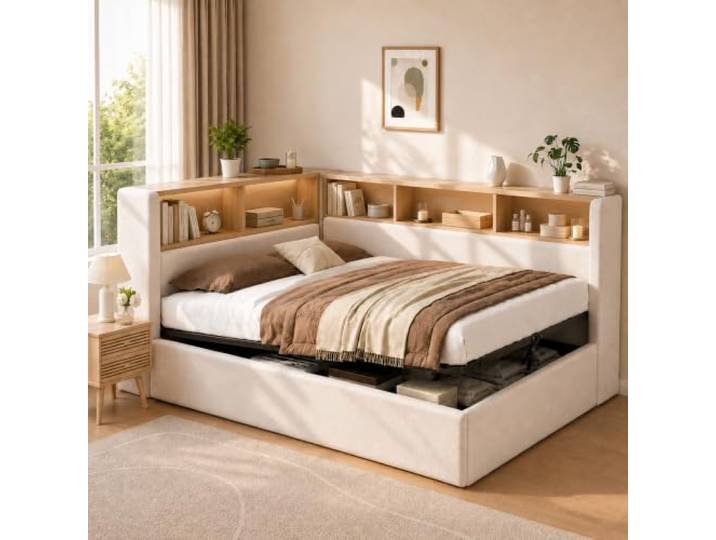 Merax Daybett Tagesbett 140x200 cm mit hydraulischem Stauraum, LED, USB, Typ-C & Samt – Beige (Ohne Matratze)