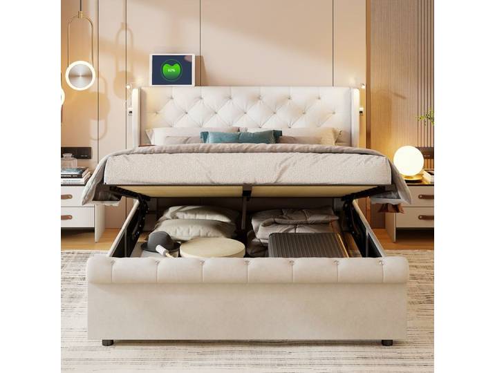 Lit coffre - ADWOLT - 160x200 cm - Tissu velours beige - LED & USB - Hydraulique