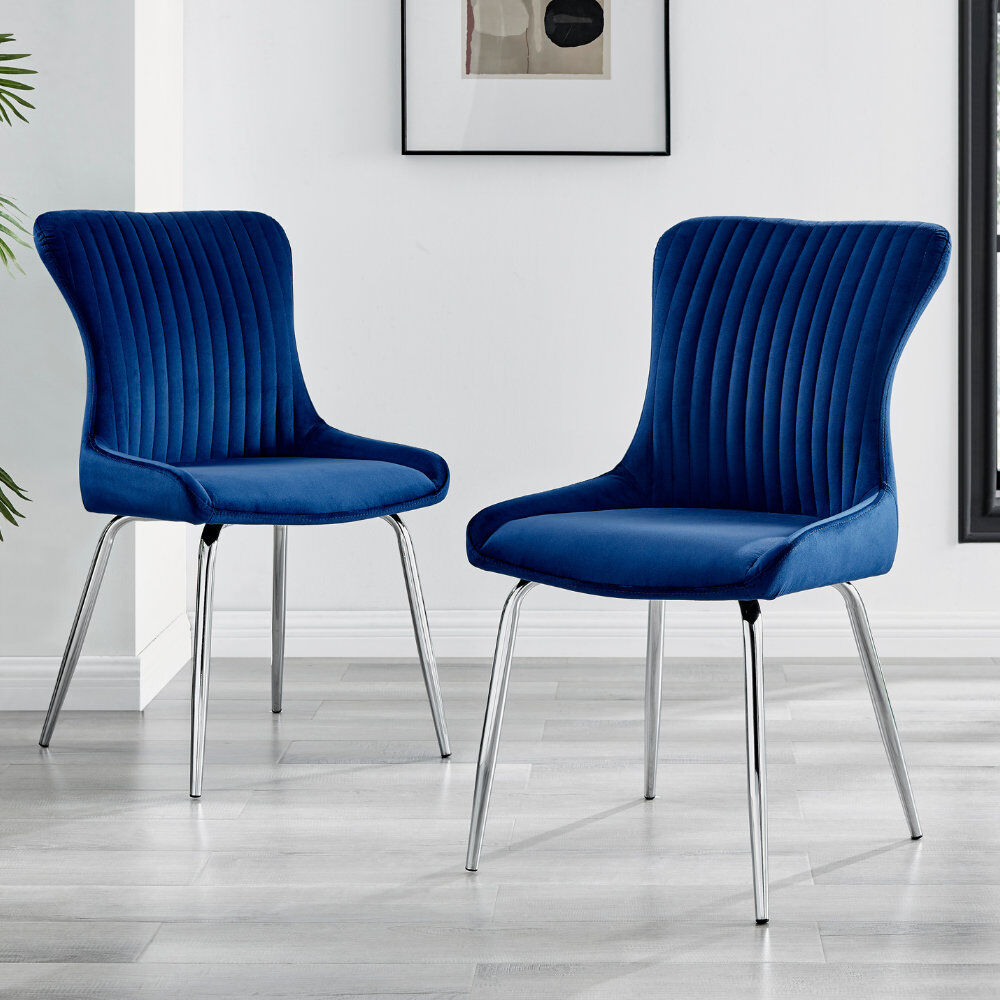 Corrigan Studio Illman Luxury Velvet Upholstered Dining Chair - Elegant Modern Deco Style Blue/Silver 88cm H X 48cm W X 59cm D