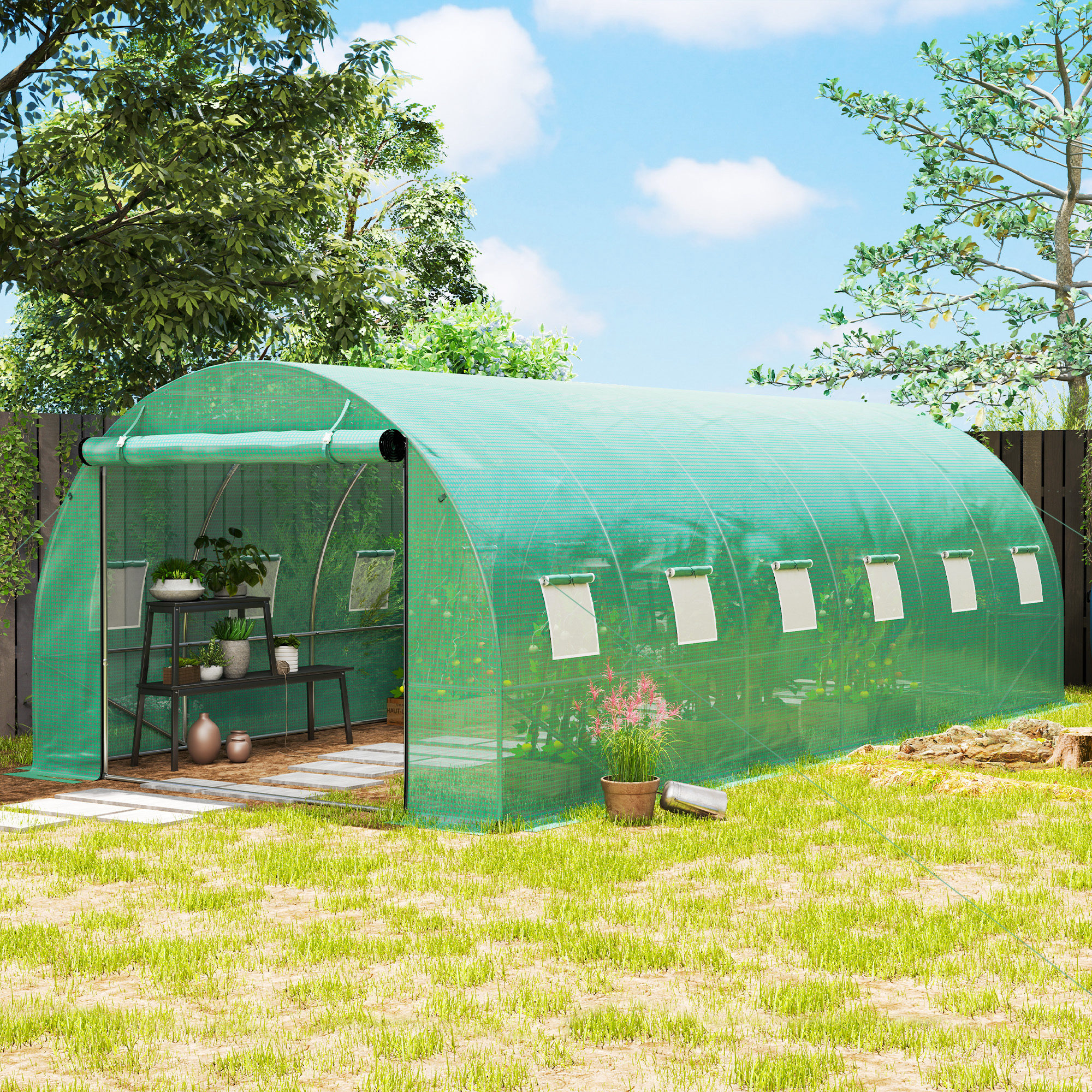 Outsunny Polytunnel serra con copertura in plastica e telaio in acciaio, tenda serra calpestabile con porte avvolgibili, Verde   Aosom Italy