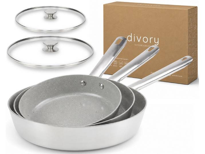 divory Pfannen-Set Edelstahl-Pfannenset, Keramikbeschichtung 20/24/28 cm & 2 Deckel, Edelstahl (5-tlg)
