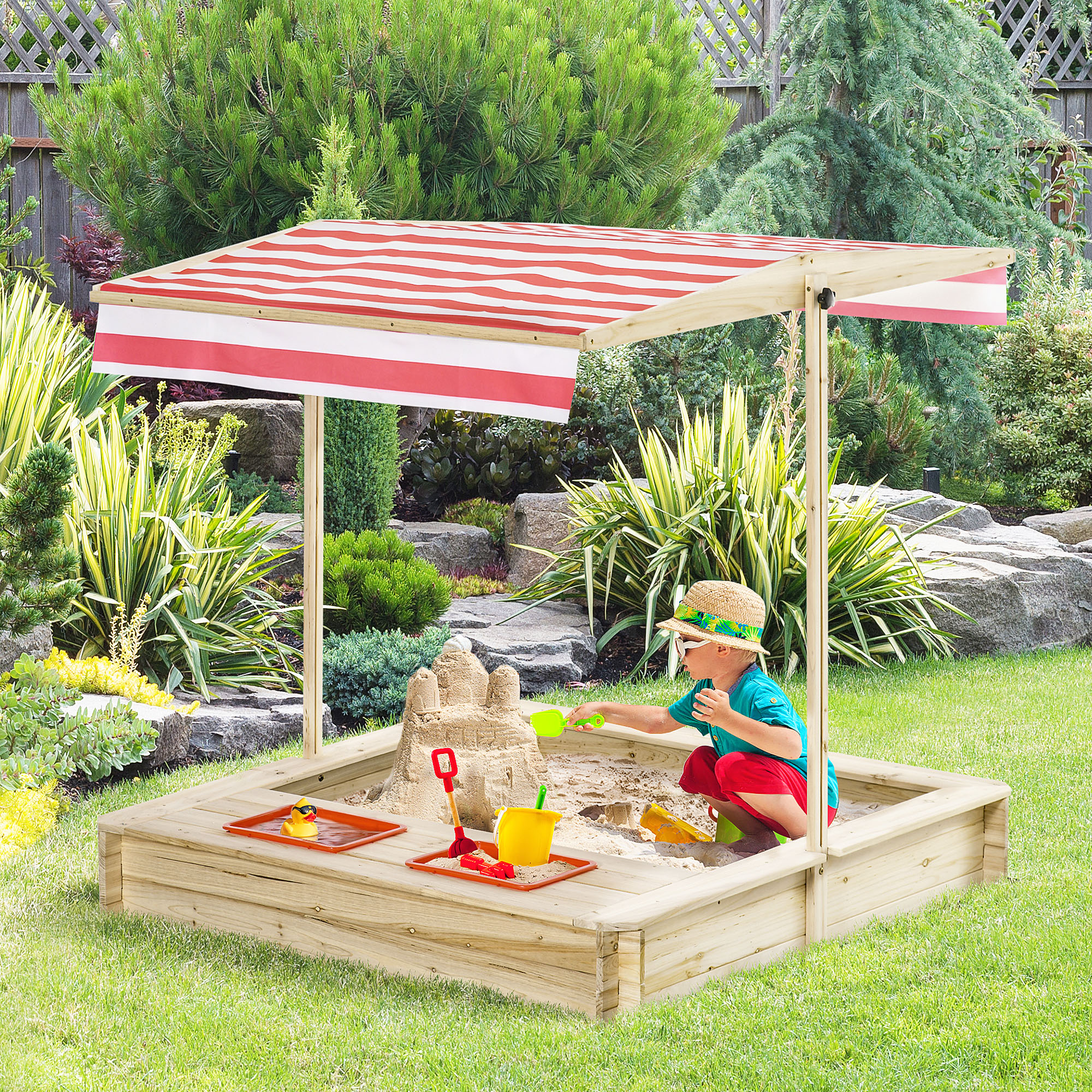 Outsunny Sabbiera per Bambini 3-8 Anni in Legno con Tettuccio Regolabile e Sedili, Gioco da Giardino con 2 Bacini Aosom