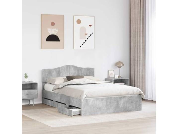KTHLBRH Bettgestell, Zementgrau, 150 x 200 cm Technisches Holz, 6 Schubladen, Kopfteil inklusive, Kapazität 200 kg