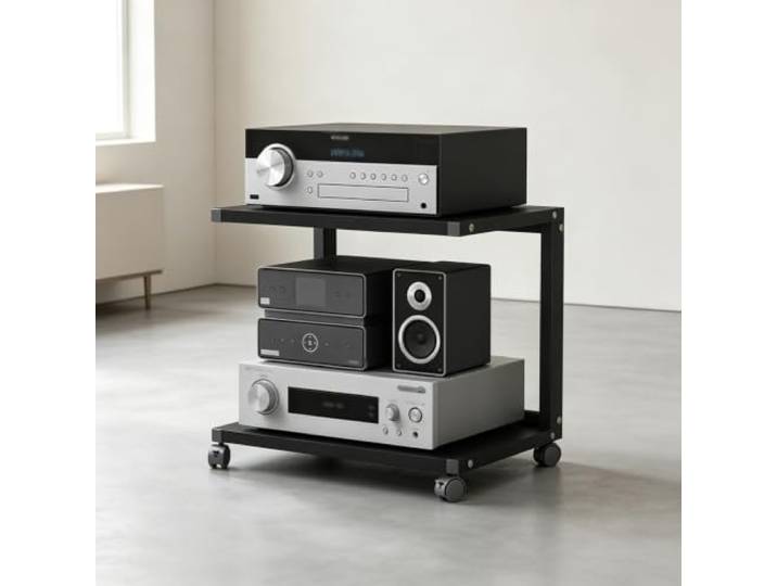 YHTCSXMD HiFi Rack mit Rollen, Offenes Audio Rack für Audiogeräte Dicke Holzablagen, Stahlrahmen und Rollen mit Fußbremse, für Wohnzimmer und Büro