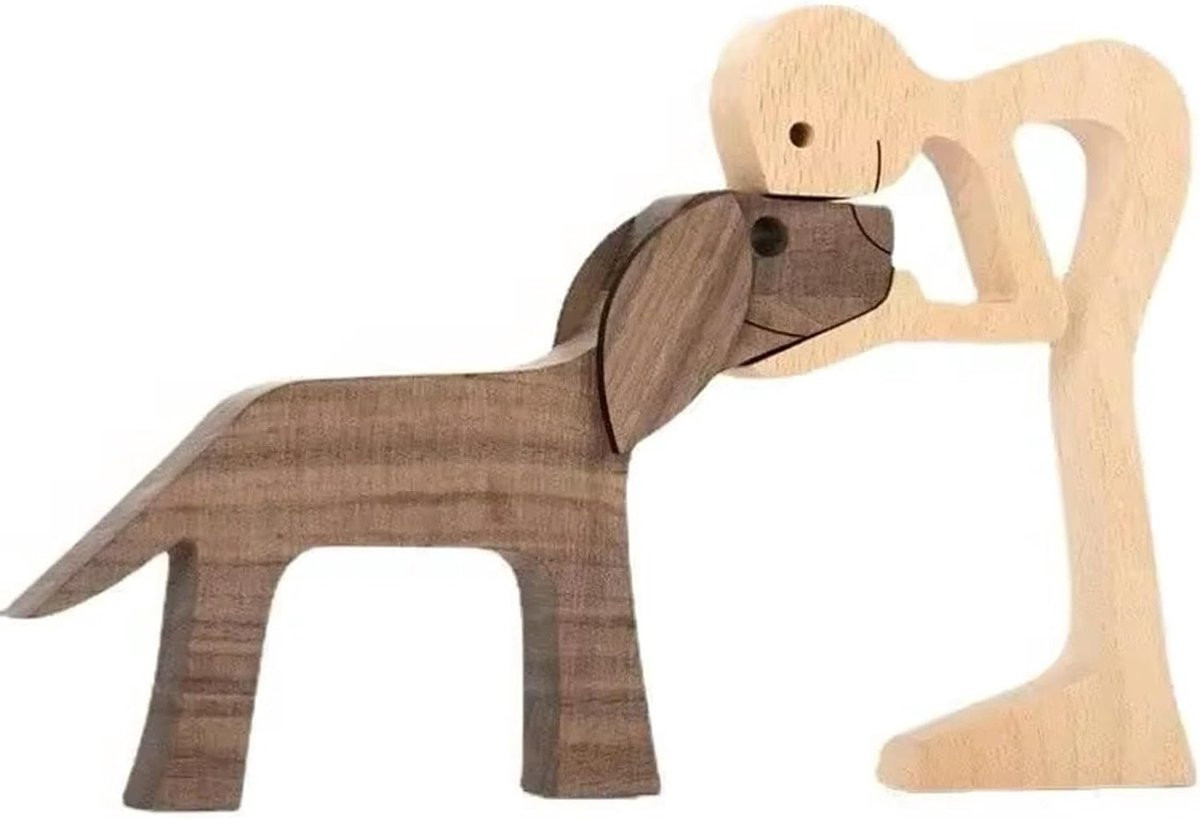Handgemaakte houten puppy beeldjes voor op tafel als decoratief honden ornament