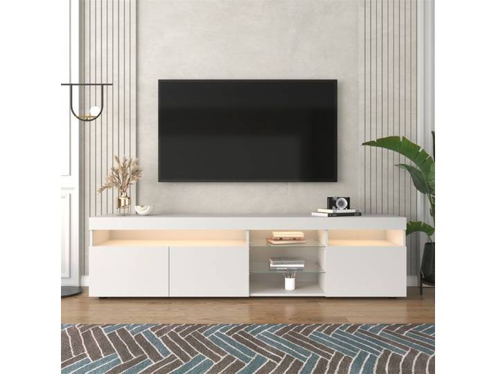 Meuble TV blanc 3 portes avec compartiment LED rangement moderne salon 180x35x45 cm