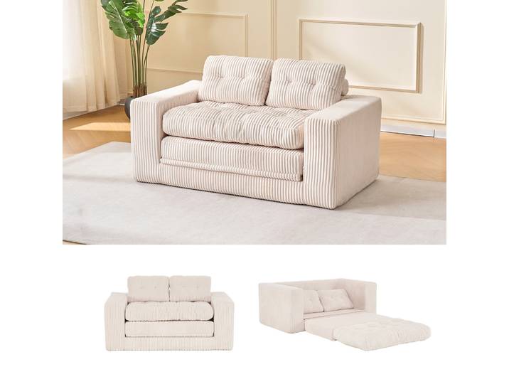 Canapé-lit 2 Places Beige En Tissu Côtelé Sans Cadre Avec Coussins Amovibles