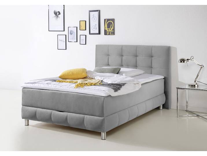 Boxbett, Samtstoff, Silber, 154×210 cm, mit Bettkasten & Topper, Modern, Inosign