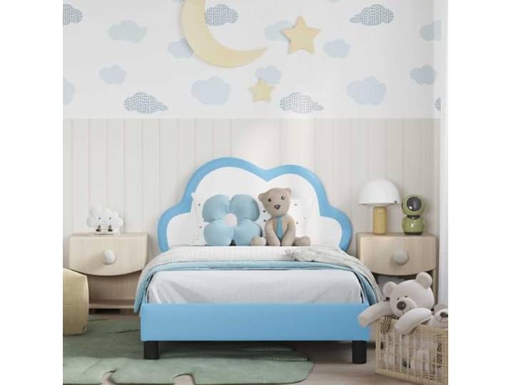 KTHLBRH Einzelbett mit Kopfteil blau 90 x 200 cm Holz Fester Lattenrost, modernes Design, einfache Montage, max. 140 kg