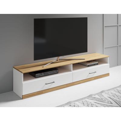 Lowboard OTTO HOME "Ribe,140cm breit,38cm hoch mit 2 Klappen,Oberplatte aus Massivholz", weiß (weis, eiche), B:140cm H:38cm T:35cm, Sideboards, Lowboard, Oberplatte Eiche massiv,schwarze Metall Griffe
