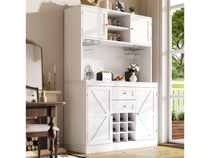 Armoire de cuisine avec étagères réglables et casier à vin, buffet de cuisine avec 4 portes et 2 tiroirs, buffet pour cuisine