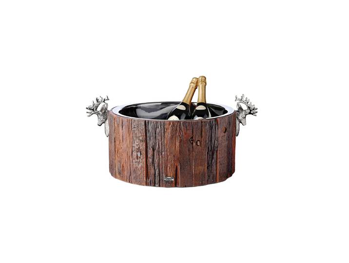 XXL Premium Sektkühler „Kensington“ aus Teakholz & Edelstahl glänzend vernickelt, doppelwandig Silber, Natur Ø 52 cm EDZARD