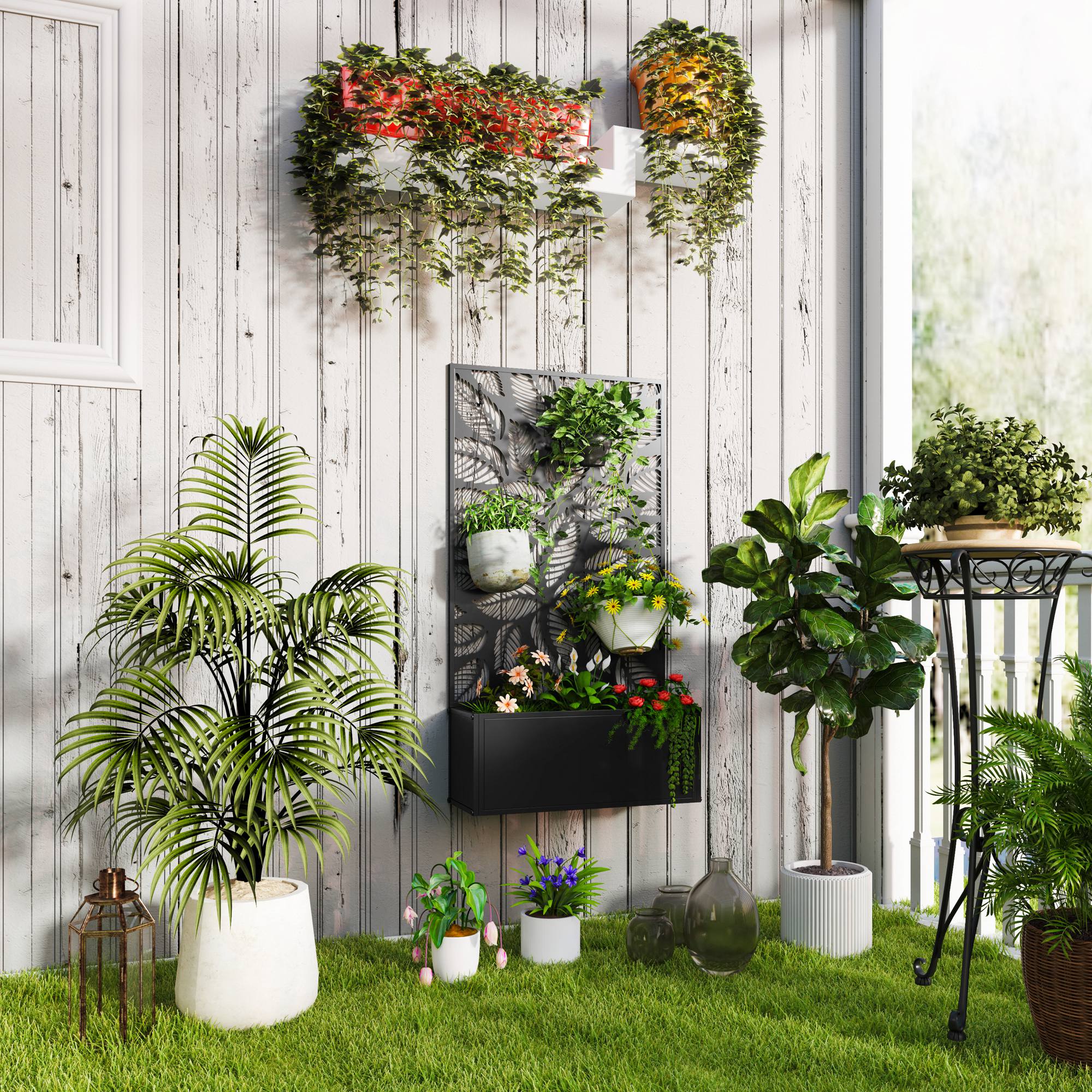 Outsunny Fioriera Rialzata con Traliccio Decorativo per Rampicanti, da Terra e Parete, 61x23x113 cm, Nero