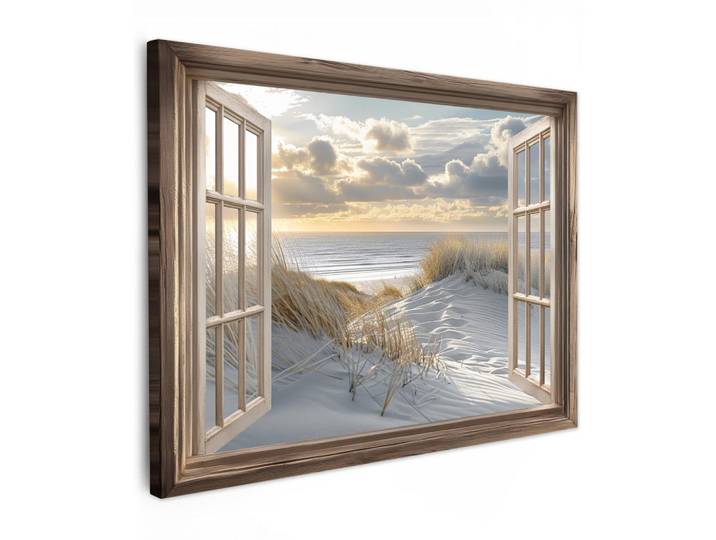 MuchoWow Leinwandbild - Ausblick - Strand - Dünen - Meer - Natur - 80x60 - Malerei, Sandfarben, Textil, Kiefer, Abstrakt, Rechteckig, 80x60 cm, gerahmt, Bilder & Rahmen, Bilder, Wandbilder
