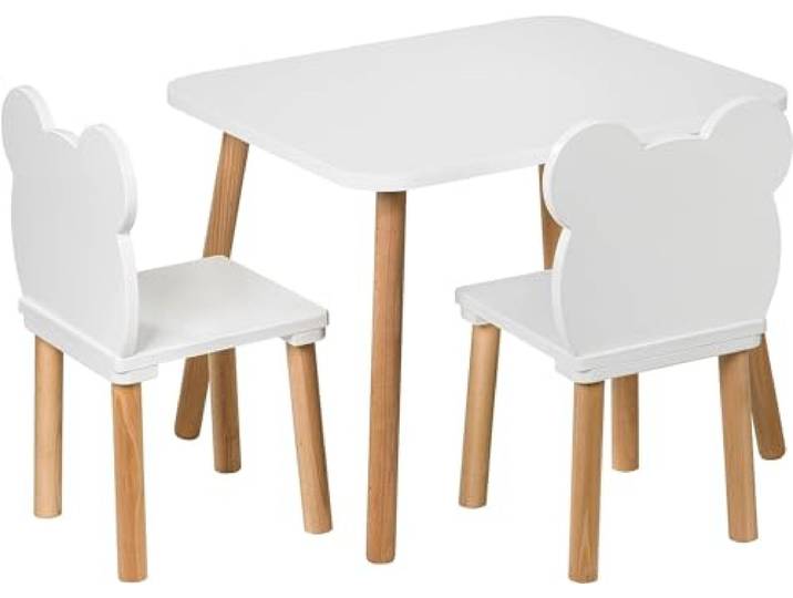 PlayPals Furniture Kindertisch mit 2 Stühlen- Kinder Tisch Stuhl Set aus Holz, 50x 60 cm- Stabile Kindersitzgruppe Amy 2 Stühle,natürliche Sitzmöbel für Kinder
