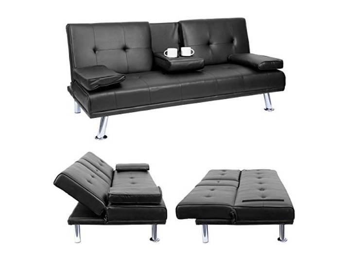 Mendler 3er-Sofa HWC-F60 97x166cm - Kunstleder, schwarz Couch, Schlafsofa, Gästebett, Tassenhalter, verstellbar