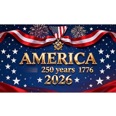 Luxuriöser Gedenkbanner zum 250. Jahrestag der USA mit Sternenglanz-blauer und goldener Folienbeschriftung, Flaggen- und Medaillenmotiv für die Feierlichkeiten zum Unabhängigkeitstag.
