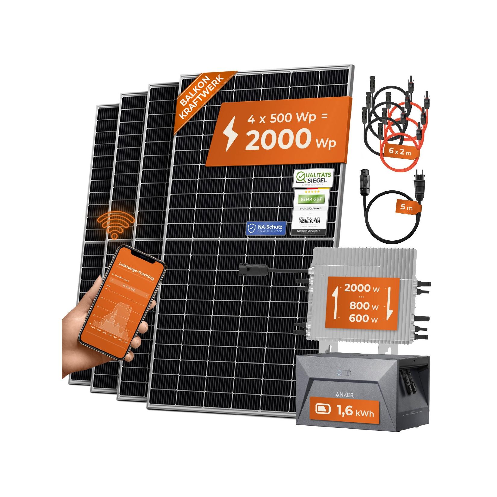 2000W + Anker 2 PRO Solarway® All In One Balkonkraftwerk mit Speicher 2000W komplett Steckdose - 1,6 kWh Anker Solix 2 PRO Speicher - Solaranlage Komplettset - 500W bifaziale Solarmodule & Anker Speicher & Zubehör