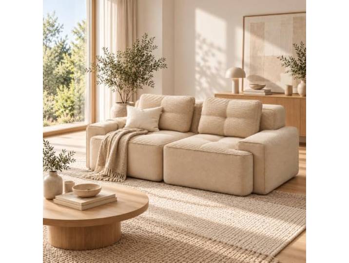 Boneless Sofa 204 cm, Cordsofa mit tiefem Sitz, 2-Sitzer，Beige Weiches Cordsofa mit tiefem Sitz und Cloud-Komfort für gemütliche Stunden im Wohnzimmer.
