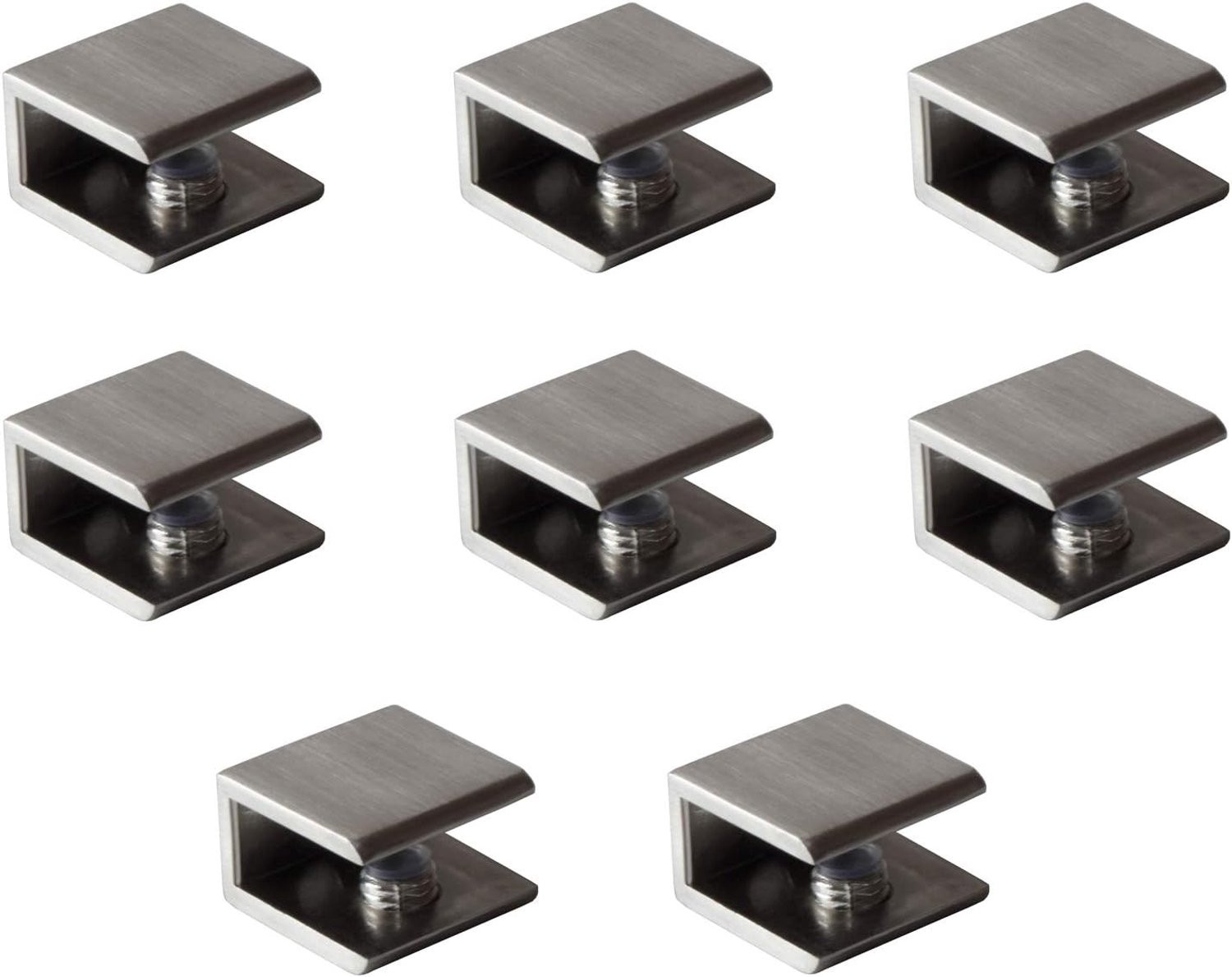 Set van 8 Glasklemmen in Geborsteld Nikkel voor Plankdragers, geschikt voor 6-10mm glas