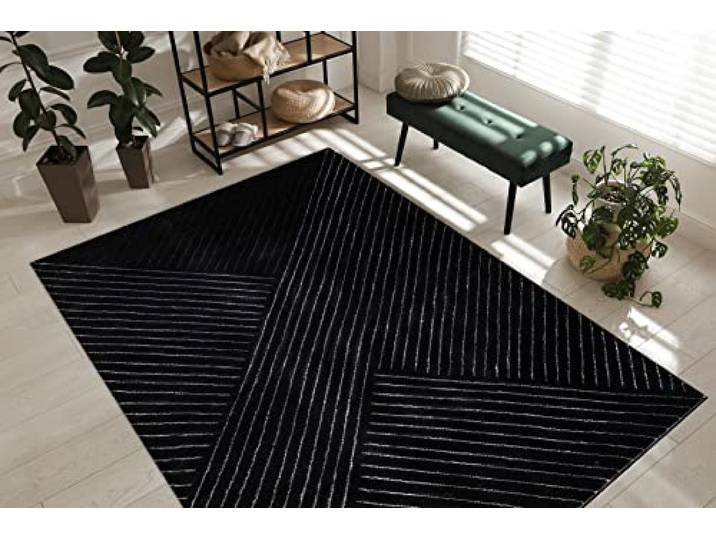 rugsx Exklusiv Emerald Teppich Glamour – Stilvoll, Geometrisches Linien Design Schwarz/Silber 160x220 cm Modern Teppich für Wohnzimmer