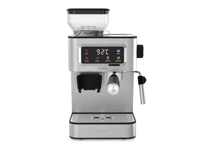 PRIXTON Napoli Espressomaschine mit integriertem Mahlwerk 22 Stufen, 20 bar, 1350 W, Doppelausgangsfilter, verstellbarer Dampfgarer, kompatibel mit Kaffeebohnen, gemahlenen und Kapseln