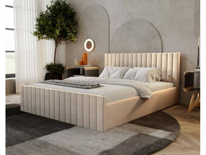 Emporius Polsterbett 140x200 Billo Slim Velvet - Lattenrost, Bettkasten, Modern Design - Schlafzimmerbett 140x200 (Beige - Amor Velvet 4323)