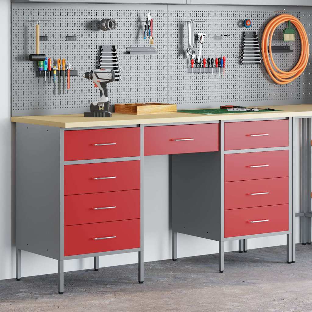 vidaXL Placard de travail 3 pièces Rouge Bois d'ingénierie et acier