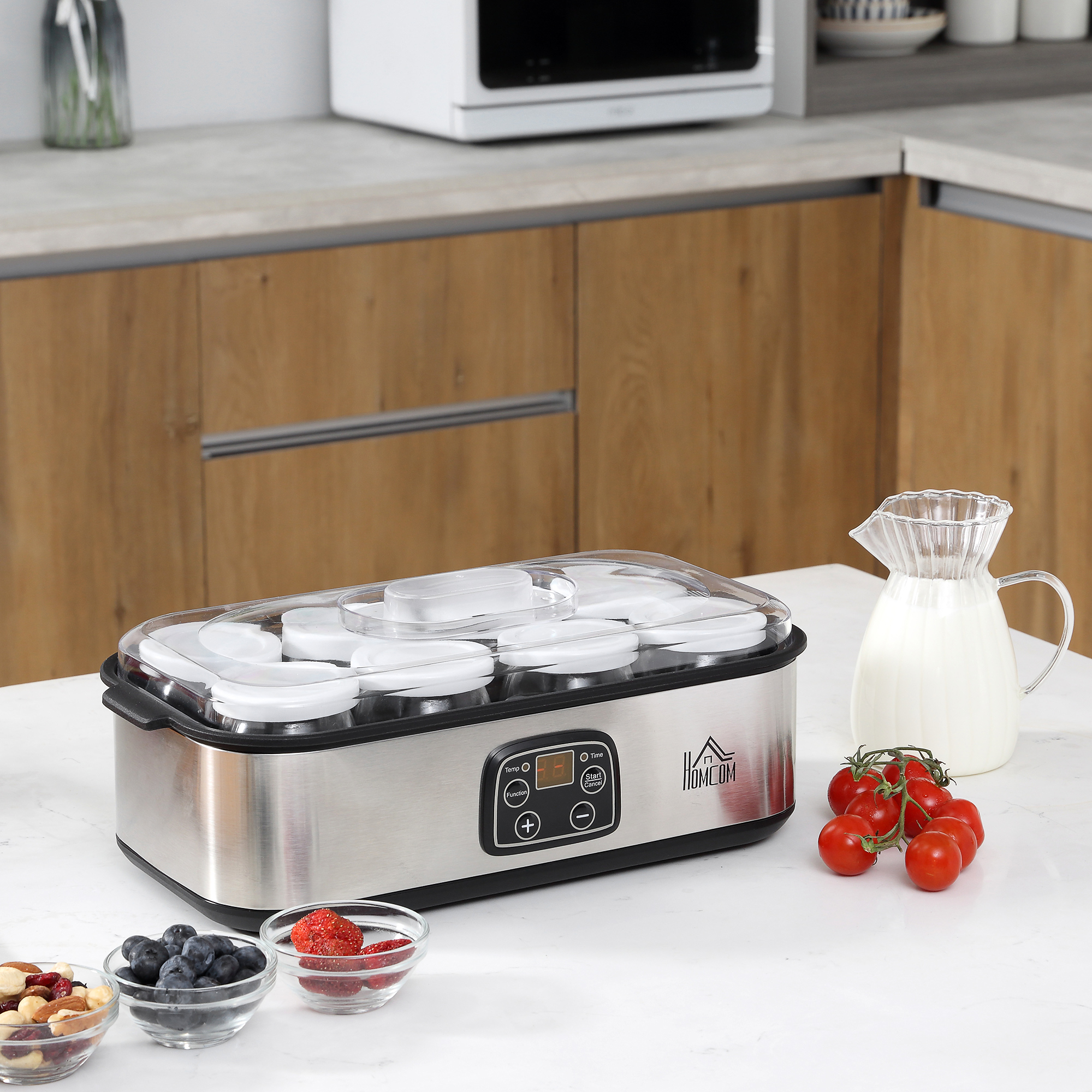 Homcom Yogurtiera Elettrica 30W con 8 Vasetti Inclusi, Yogurtiere con Timer 1-48 Ore e Temperatura Regolabile 20-55°C, 36x18.8x14cm, Argento