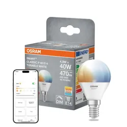OSRAM E14 SMART+ MATTER LED-Lampe Miniball Tunable White 4,9W wie 40W dimmbar - kompatibel mit Alexa, Google Home, Matter über WiFi