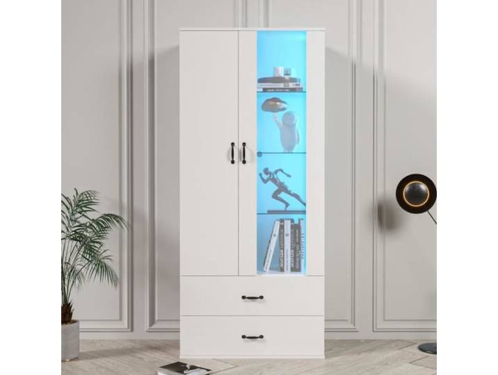 Vitrine - LED 16 couleurs - Porte transparente - 2 tiroirs - Étagères en verre