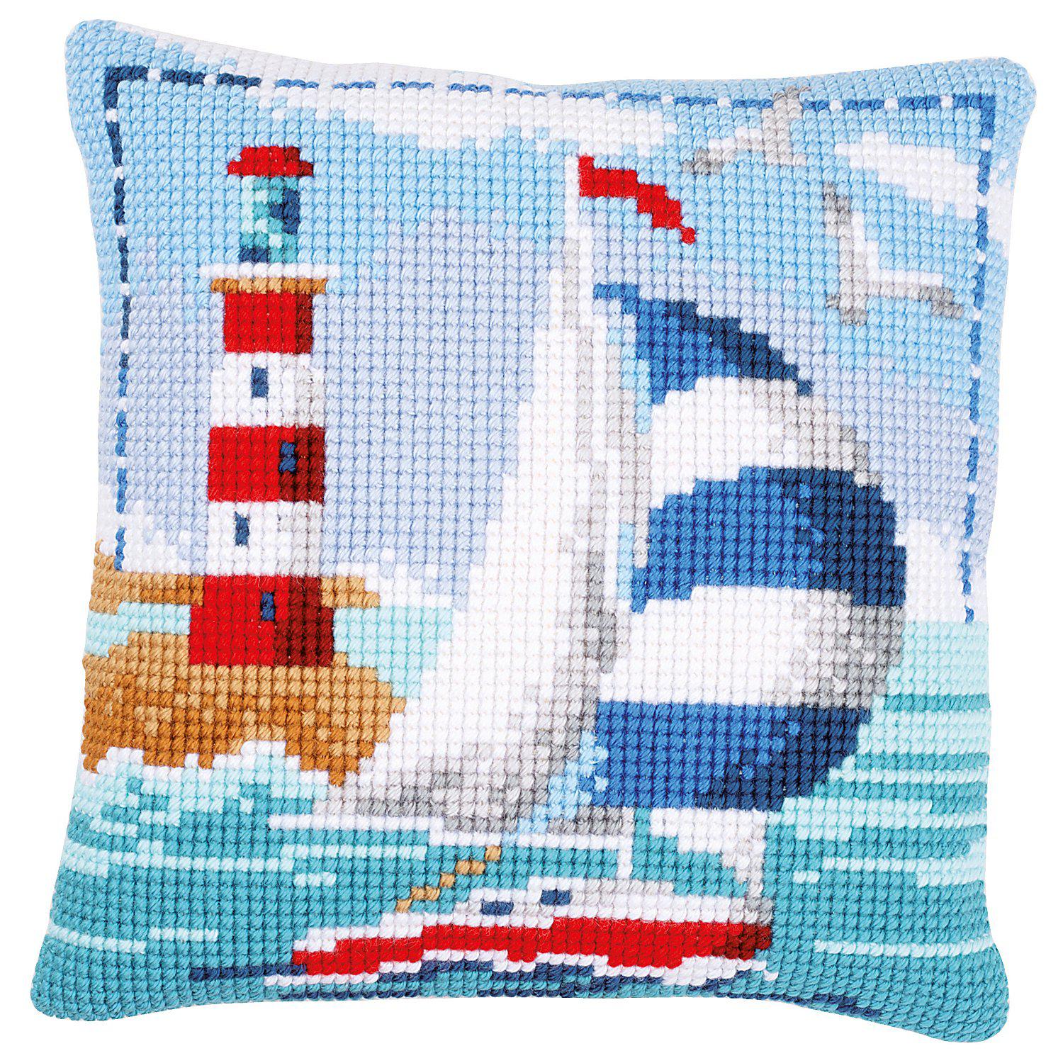 Kreuzstichkissen "Segelboot & Leuchtturm"