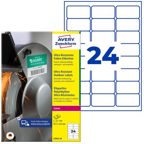 AVERY Zweckform 240 resistente Folienetiketten L7912-10 weiß 63,5 x 33,9 mm
